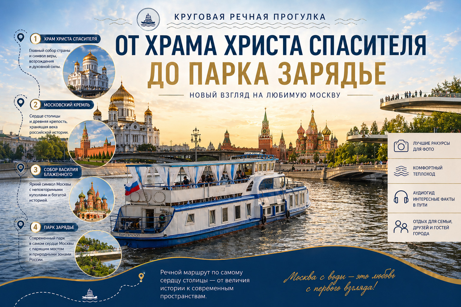 Речные прогулки от Патриаршего моста: часовой маршрут по центру Москвы