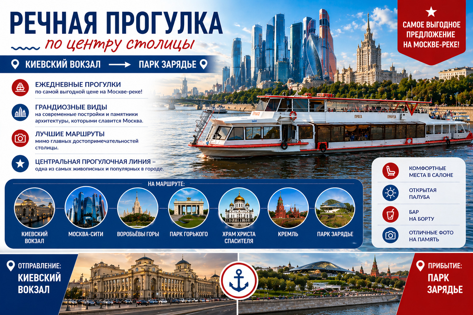 Речная прогулка по центру Москвы: Северный маршрут от Киевского вокзала до парка Зарядье